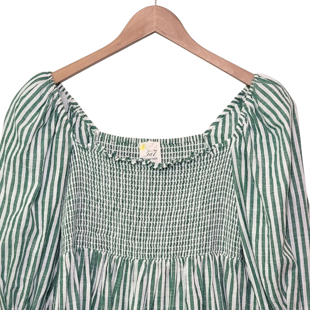 Cinq à Sept Adly Green White Stripe Smocked Puff Sleeve Peplum Top M - Picture 3 of 15